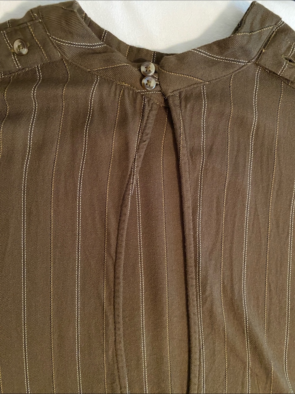 Free People Button Shoulder Long sleeve Blouse Olive Green Pinstripe Peplum Back - Picture 10 of 14
